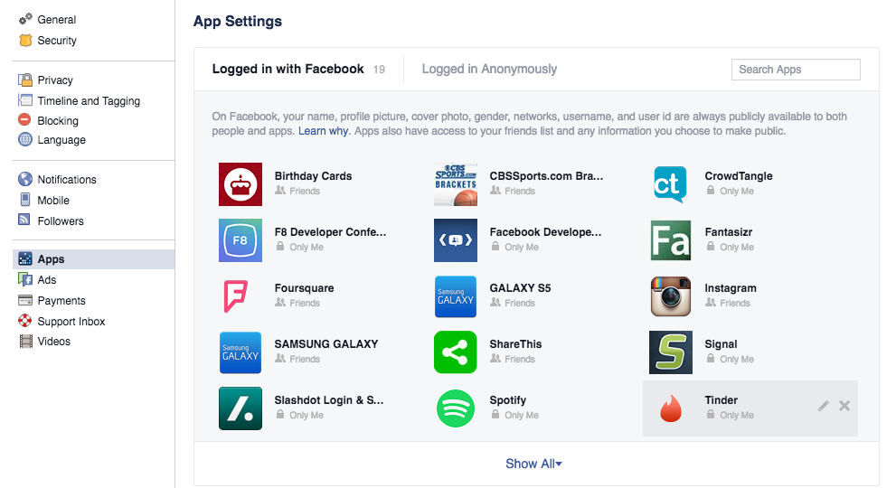tinder facebook settings