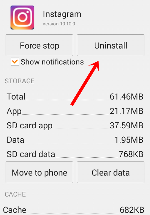 uninstall instagram android